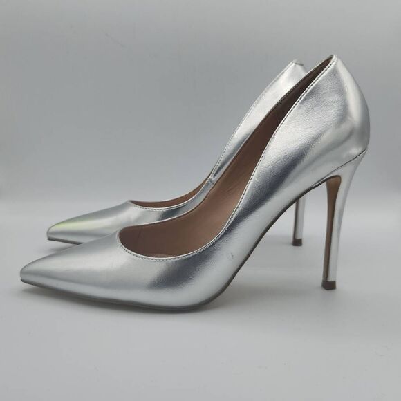 Steve Madden Evelyn Silver Stiletto Heeled Pointed Toe Slip On Dress Pumps Sz 9 - Picture 2 of 11